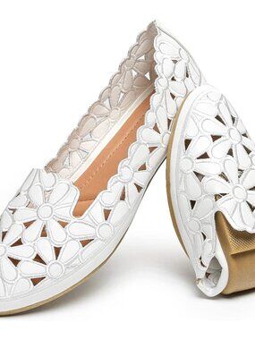 Women's Floral Ballet Flats for Women Black Beige Slip On Flowers PU Leather Rou